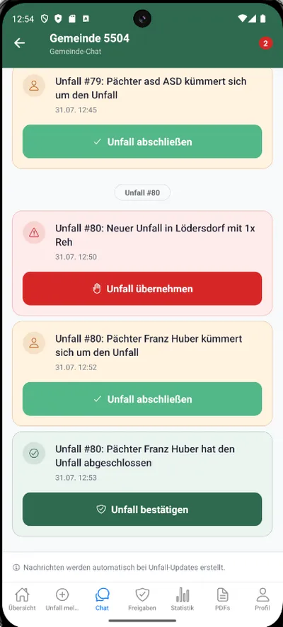 Gemeinde-Chat: Ein Unfall wird gemeldet, übernommen, abgeschlossen und bestätigt
