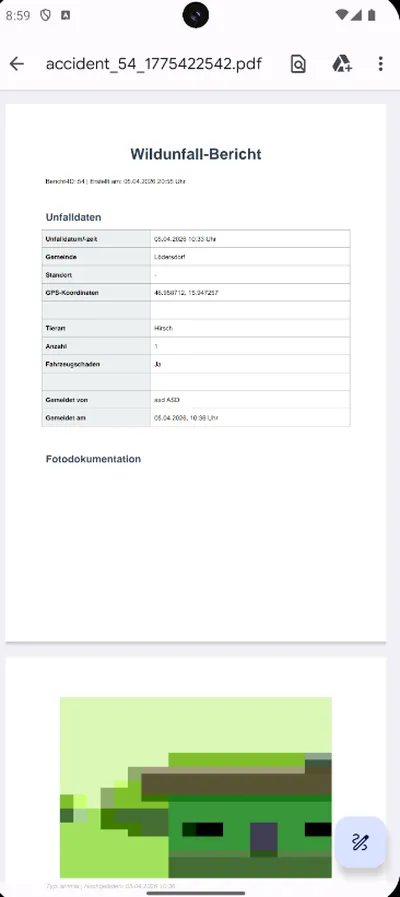 Automatisch erstellter Wildunfall-Bericht als PDF